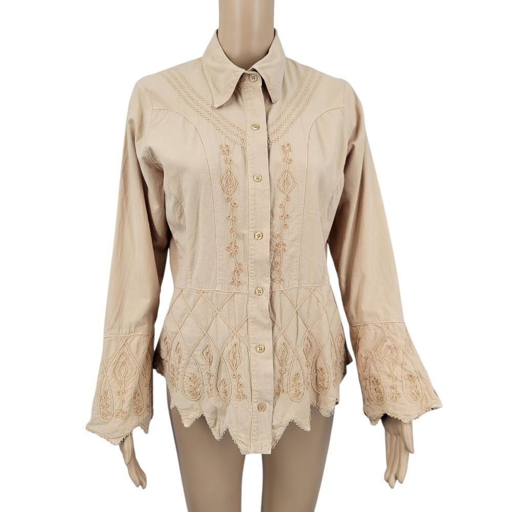 Beige Embroidered Stone Mineral Washed Women's Top Sawtooth Hem